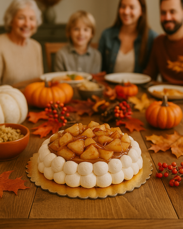 Family gathered around a table with an apple pavlova on a wooden surface, surrounded by autumn decorations.