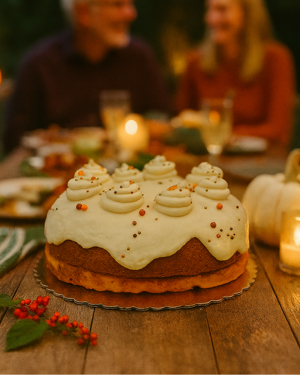 Decorative bundt cake on a wooden table with a blurred background of two people sitting at a table.