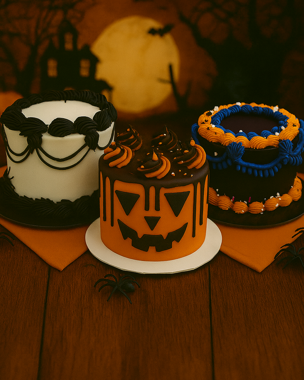 Three Halloween-themed cakes on a wooden table with a dark background.