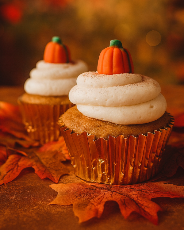 Two cupcakes with white frosting and pumpkin decorations on a wooden surface with autumn leaves.
